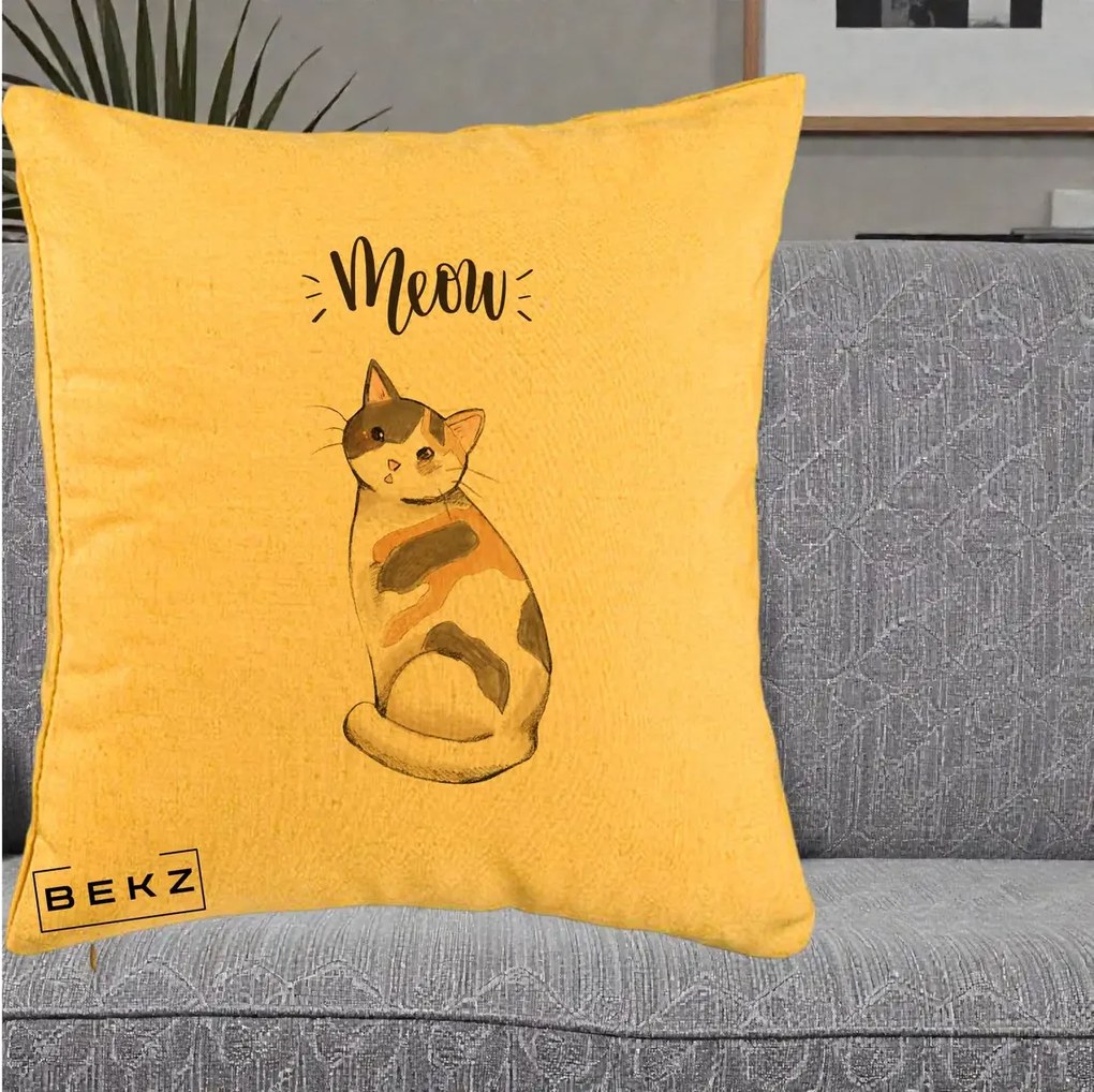 Perna Personalizata Pisica Meow Acuarela, 40x40 cm, Galben, Husa Detasabila, Perna Inclusa, BEKZ®