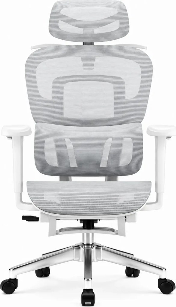 RESIGILAT- SIENA E15 Executive – Scaun Ergonomic cu Suport Lombar Reglabil pe Înălțime, Tetieră Reglabilă, Cotiere 3D, Șezut Extensibil, Reclinare 135°, Umeraș Integrat, Suport pentru Picioare și Bază Metalică, Mesh, Gri