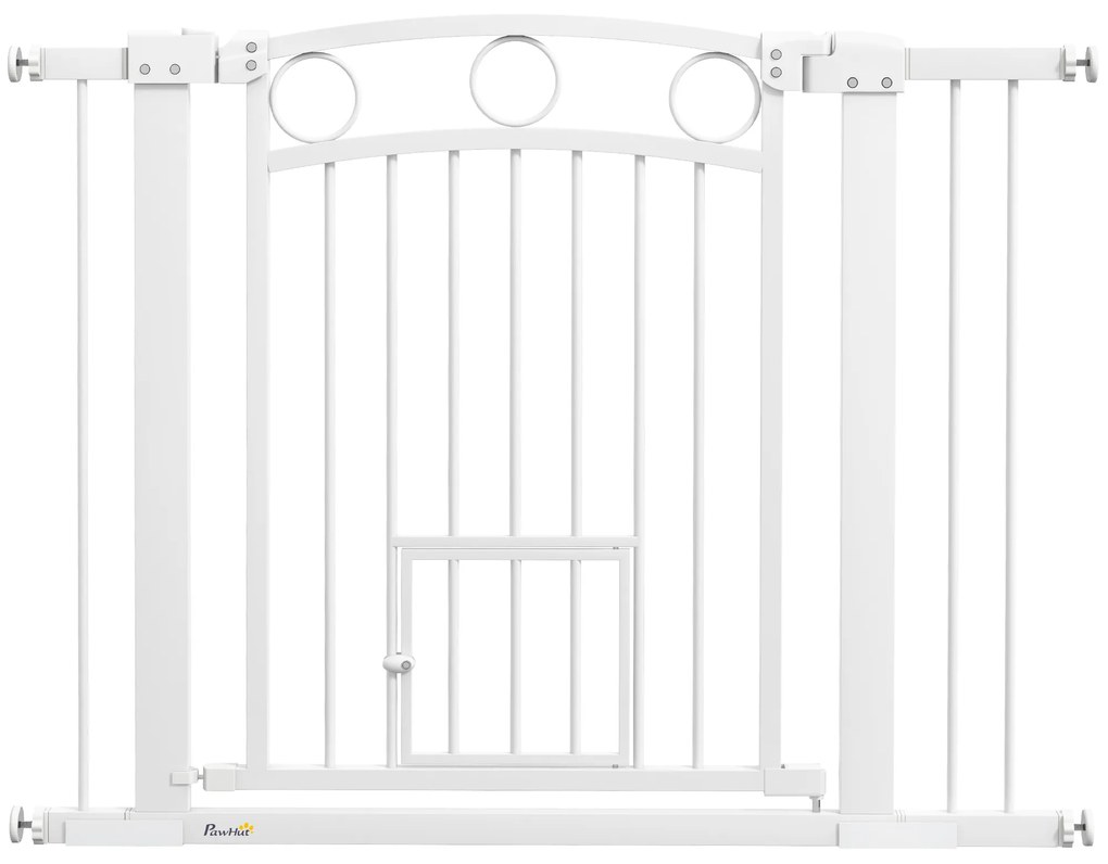 PawHut Barieră de Siguranță Interioară pentru Câini cu 2 Extensii și Ușă pentru Pisici, 76-104x77 cm, Alb | Aosom Romania