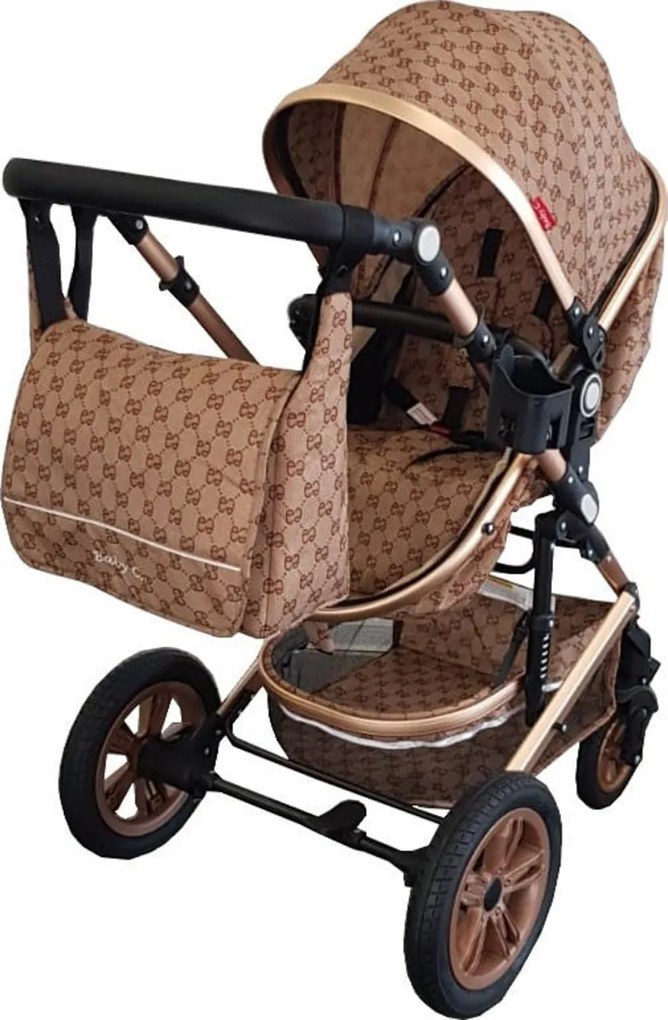 Carucior nou nascuti 3 in 1 Baby Care™ PRO 530 , Cu geanta bebe, Cadru Aluminiu Gold, Amortizoare, Roti din cauciuc plin AVE, Landou, Scoica auto,