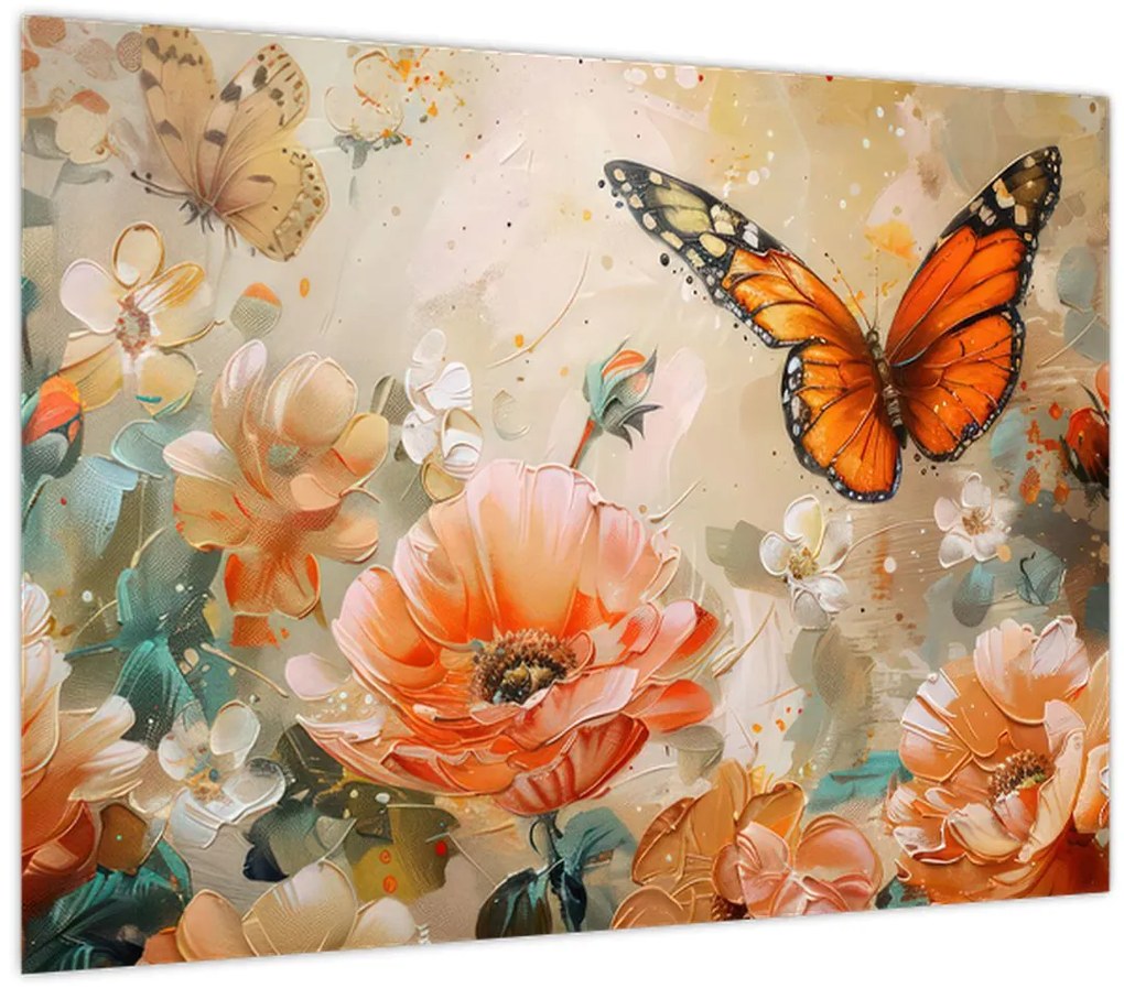 Tablou pe sticlă - Fluture și flori, pictură în ulei (70x50 cm)