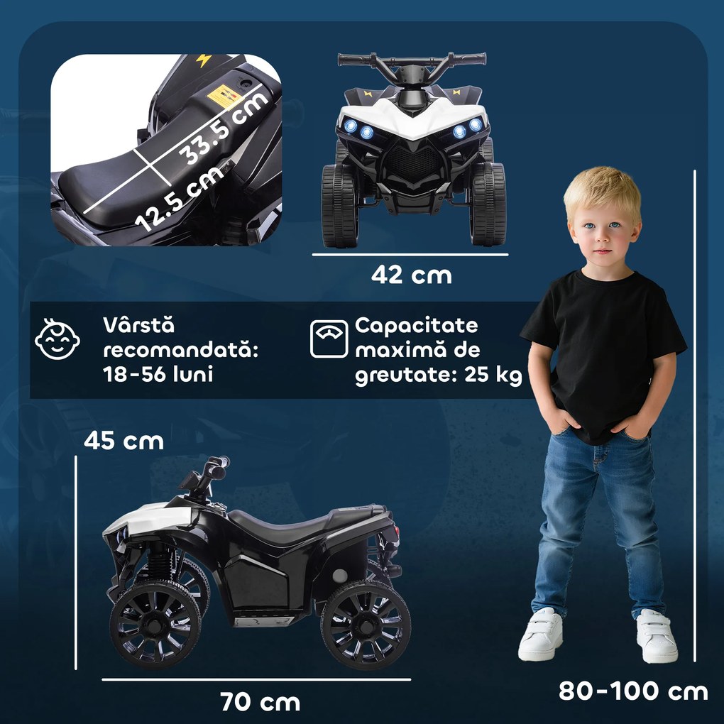 AIYAPLAY ATV Electric pentru Copii 6V, Mașină cu 4 Roți cu Muzică și Faruri LED, pentru Vârste 3-8 Ani, Alb, Negru | Aosom Romania