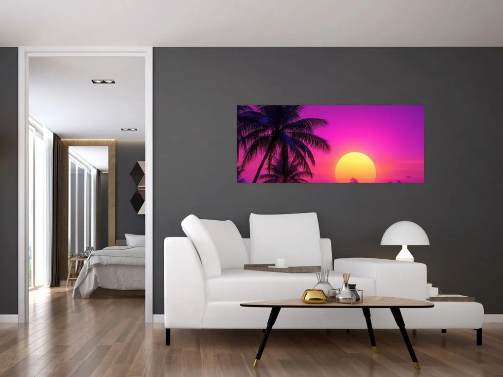 Tablou - Apus violet cu palmier (120x50 cm)