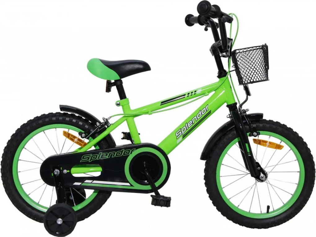 Bicicleta pentru copii NOVOKIDS™ Splend'Or Boom Edition, Cosulet, Roti 14" inch, Max 35 kg, Cadru otel, Roti ajutatoare, Ghidon reglabil, Verde