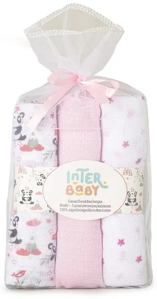 Set 3 museline 80 x 80 cm model panda - alb si roz Inter Baby