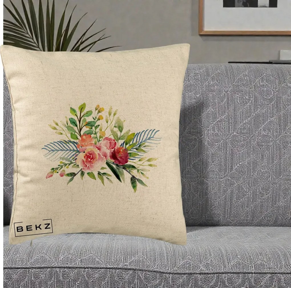 Perna Decorativa Buchet Flori Acuarela Roz-Verde, 40x40 cm, Bej, Husa Detasabila, Perna Inclusa, BEKZ®