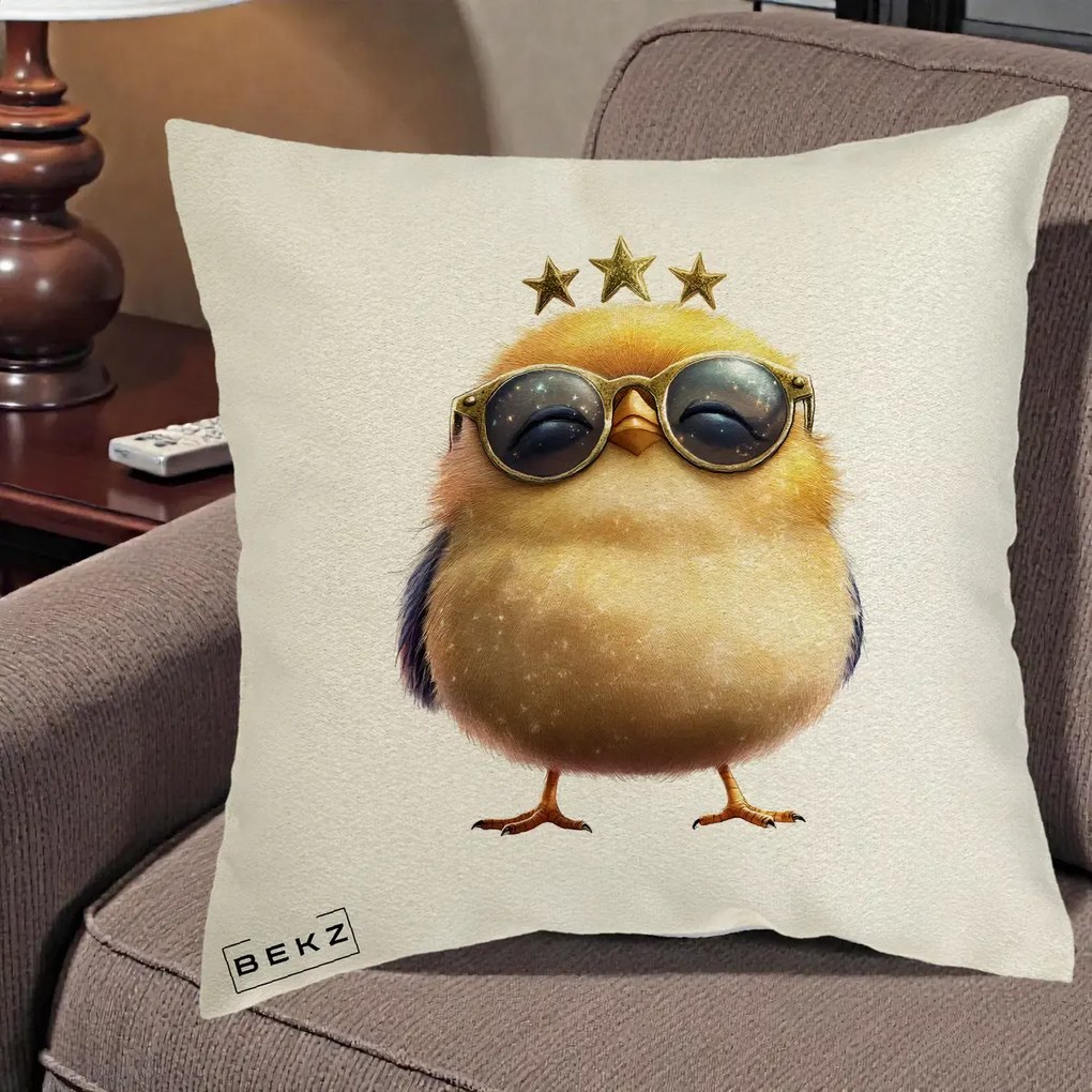 Perna Decorativa Pui Gold Star cu Ochelari Aurii, 40x40 cm, Ecru, Husa Detasabila, Perna Inclusa, BEKZ®