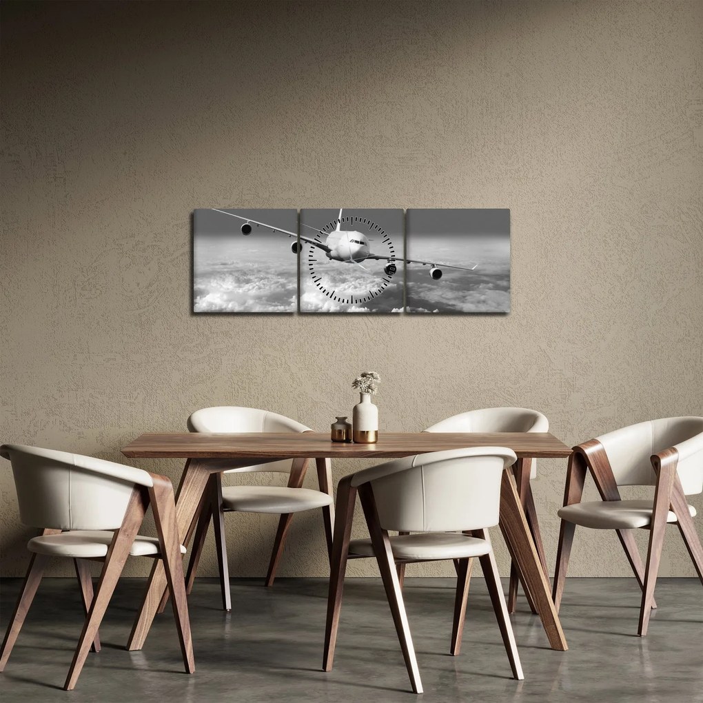 Tablou - Avion în nori, alb și negru (cu ceas) (90x30 cm)