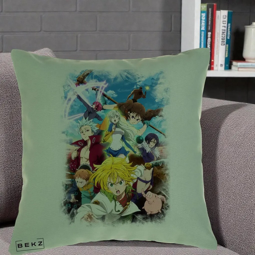 Perna Personalizata Nanatsu no Taizai Cele Sapte Pacate Mortale Anime, 40x40 cm, Verde, Husa Detasabila, Perna Inclusa, BEKZ®