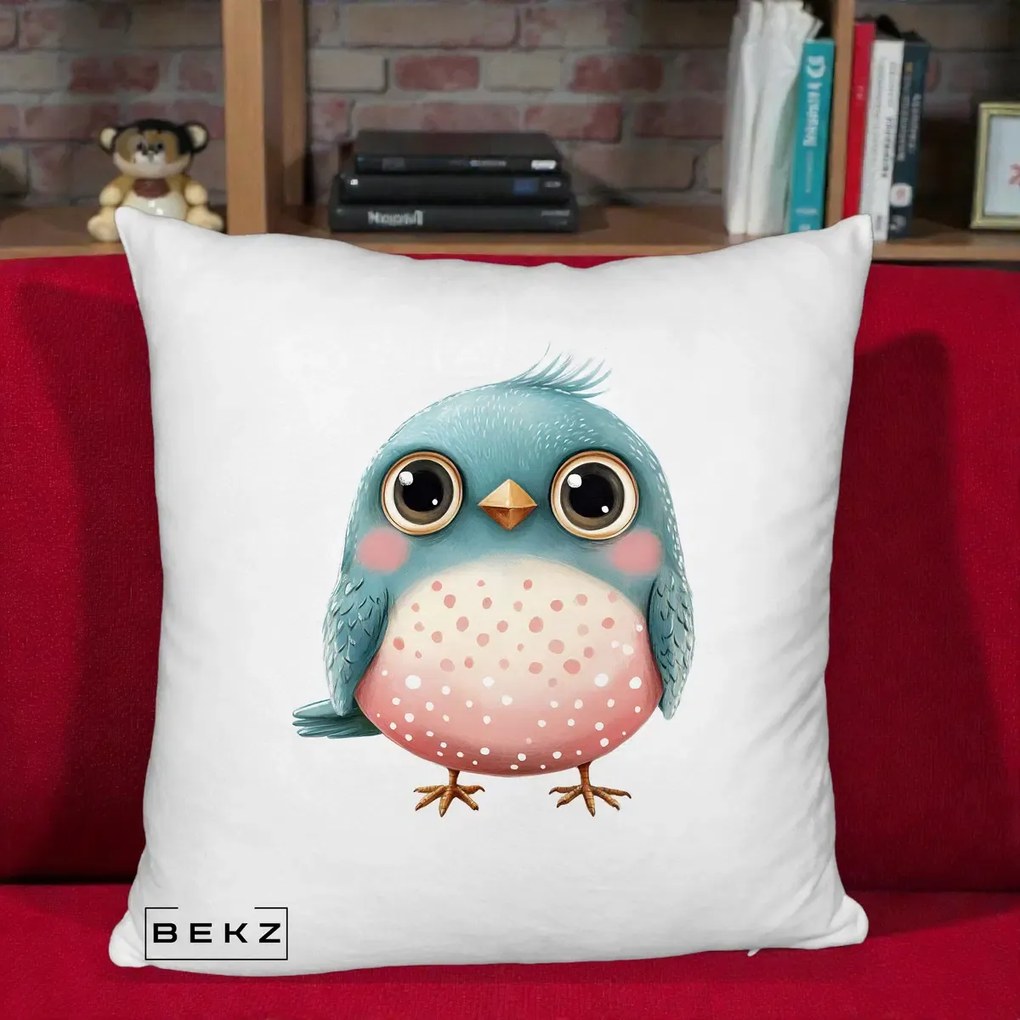 Perna Decorativa Pasare Teal-Roz cu Pete, 40x40 cm, Alb Pufos, Husa Detasabila, Perna Inclusa, BEKZ®