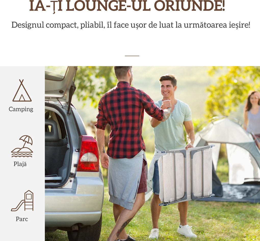 Outsunny Șezlong Pliabil cu Spătar Reglabil pe 5 Nivele și Pernă, Șezlong de Grădină cu Material Texteline, pentru Plajă, Piscină, Grădină, 182x56x28 cm, Crem | Aosom Romania
