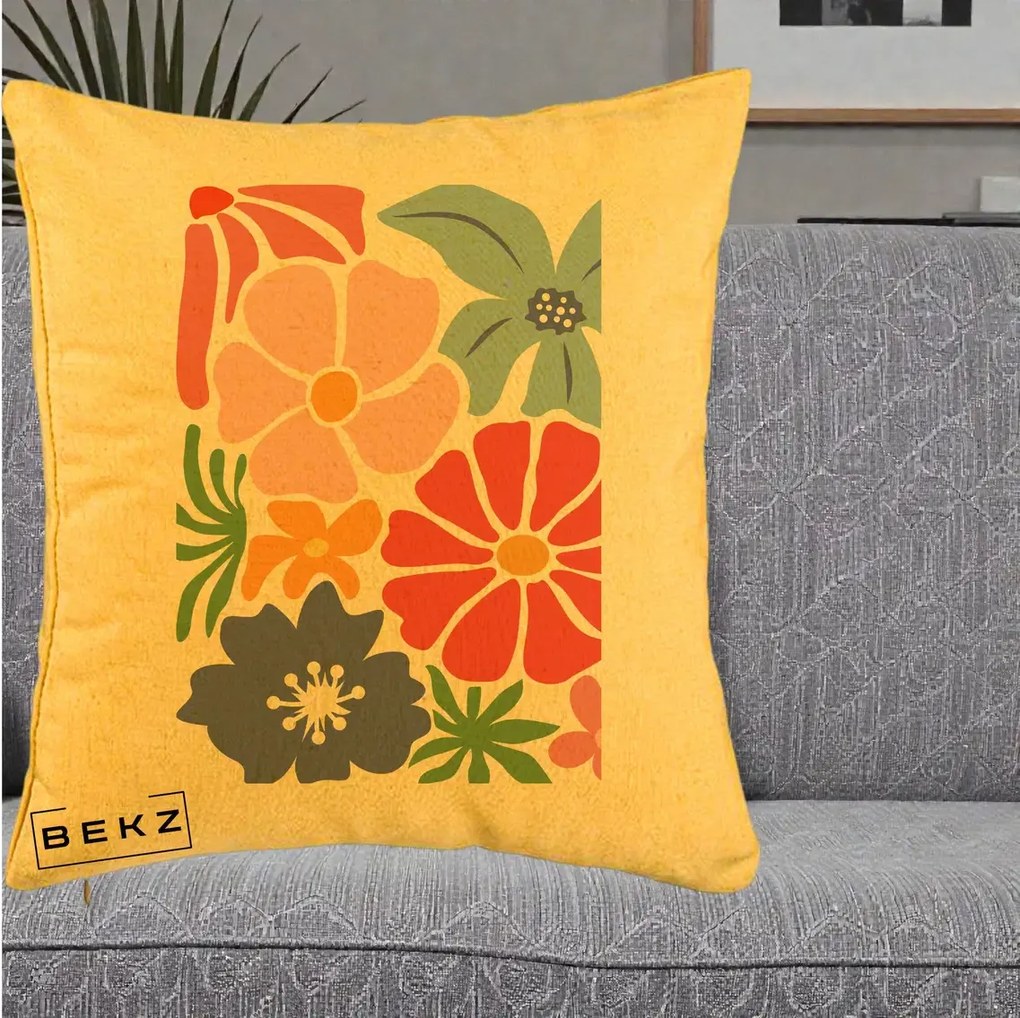 Perna Decorativa Flori Grafice Roz-Rosu-Albastru, 40x40 cm, Galben, Husa Detasabila, Perna Inclusa, BEKZ®