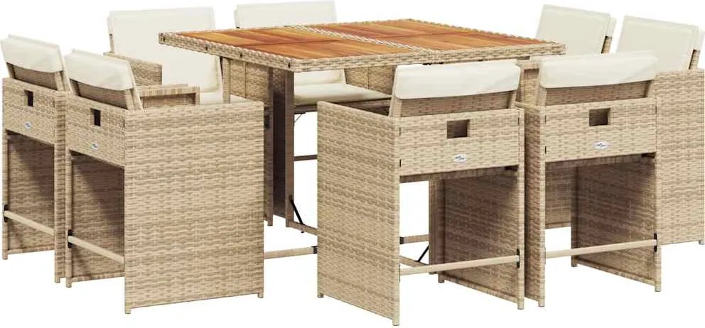 vidaXL Set de masă pentru grădină, 9 piese, cu perne, bej, poliratan