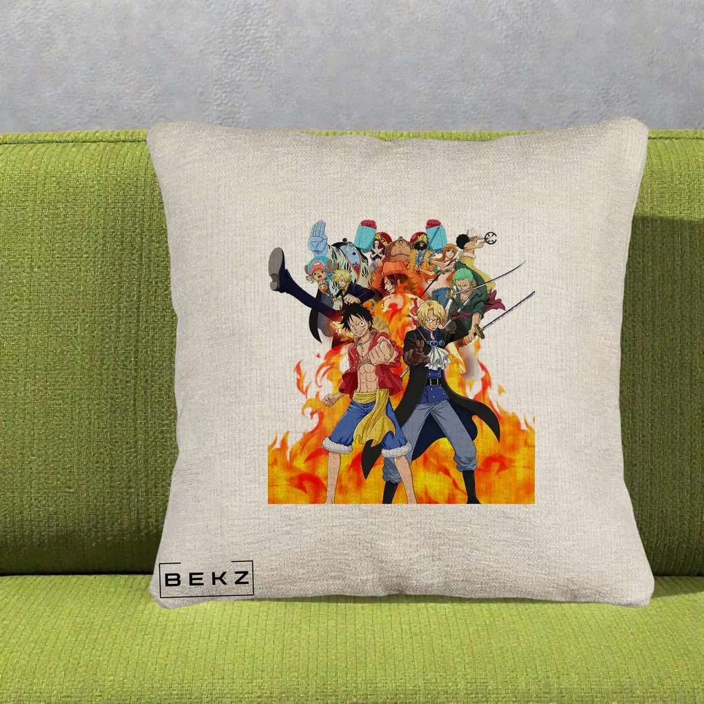 Perna Personalizata One Piece Echipa Straw Hat in Flacari, 40x40 cm, Bej Canapea, Husa Detasabila, Perna Inclusa, BEKZ®