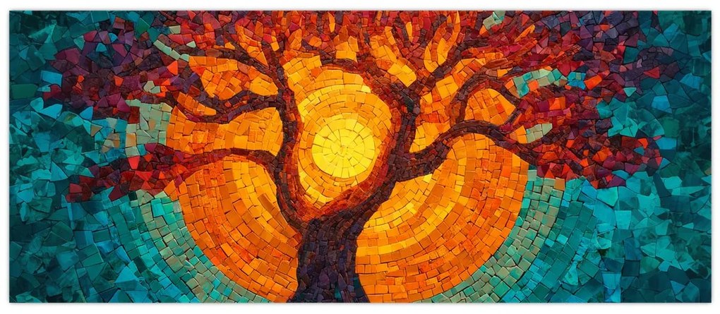Tablou - Arborele vieții și soarele în mozaic (120x50 cm)