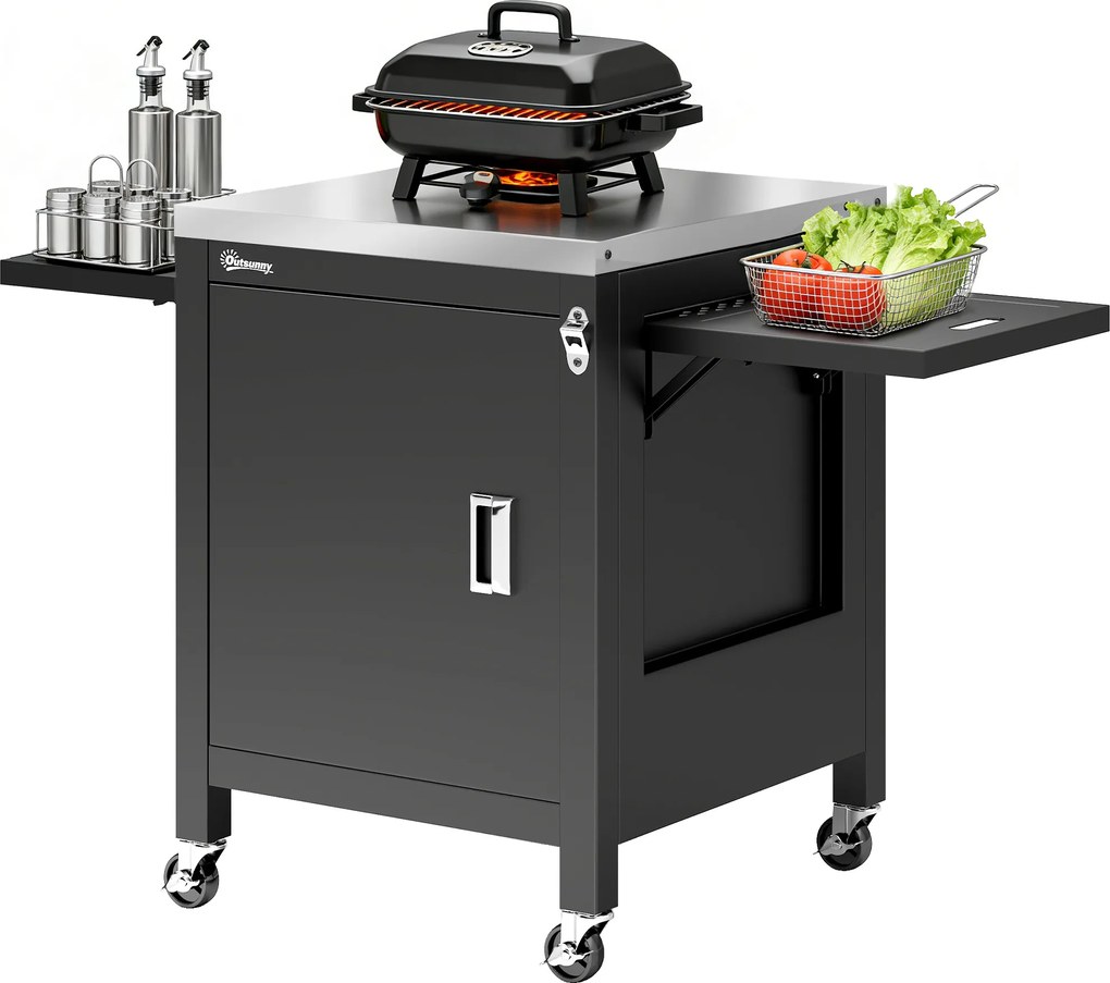 Outsunny Căruț de grădină pentru grătar pe roți, blat din oțel inoxidabil, suport pentru prosoape, 140,5 x 68 x 89 cm Negru | Aosom Romania