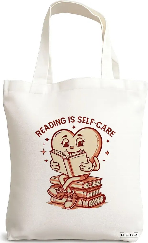 Sacosa de Panza pentru Cumparaturi, Geanta Tote, model Reading is self care 38 x 34.5 cm, Alba, BEKZ®