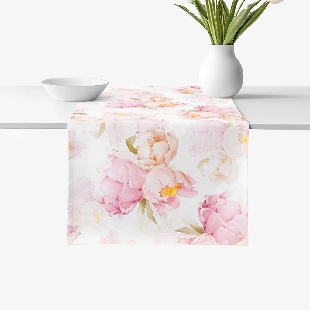 Goldea napron de masă 100% bumbac deluxe - flori de bujor înfloriți 20x140 cm