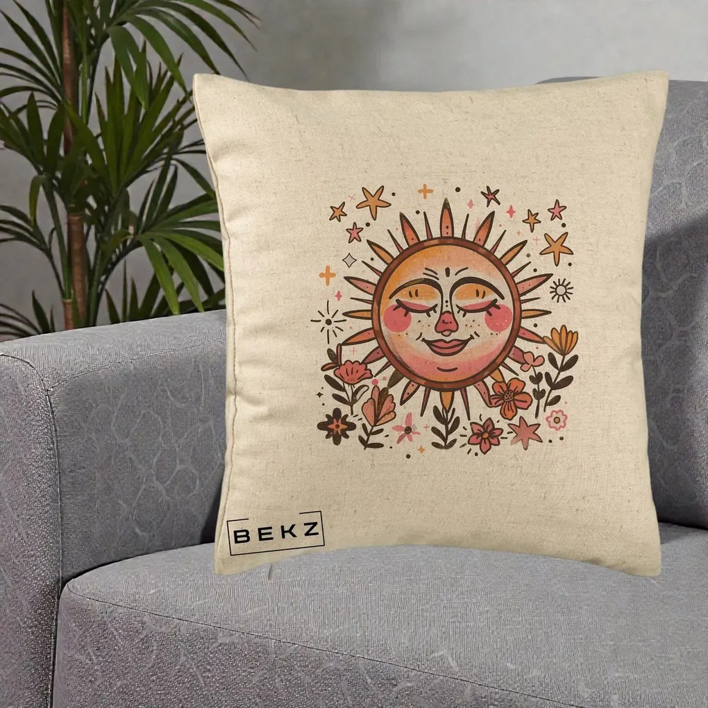 Perna Decorativa Soare Retro Boho Floral, 40x40 cm, Bej, Husa Detasabila, Perna Inclusa, BEKZ®