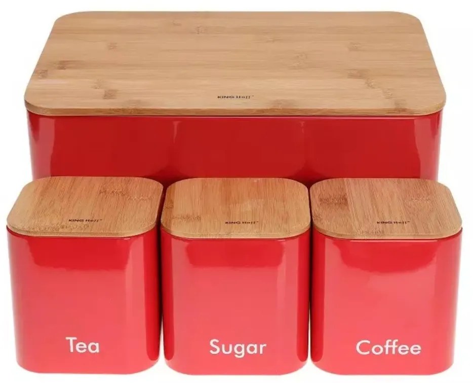 Set cutie de paine rosie cu 3 recipiente otel si capace din bambus Kinghoff KH-1085