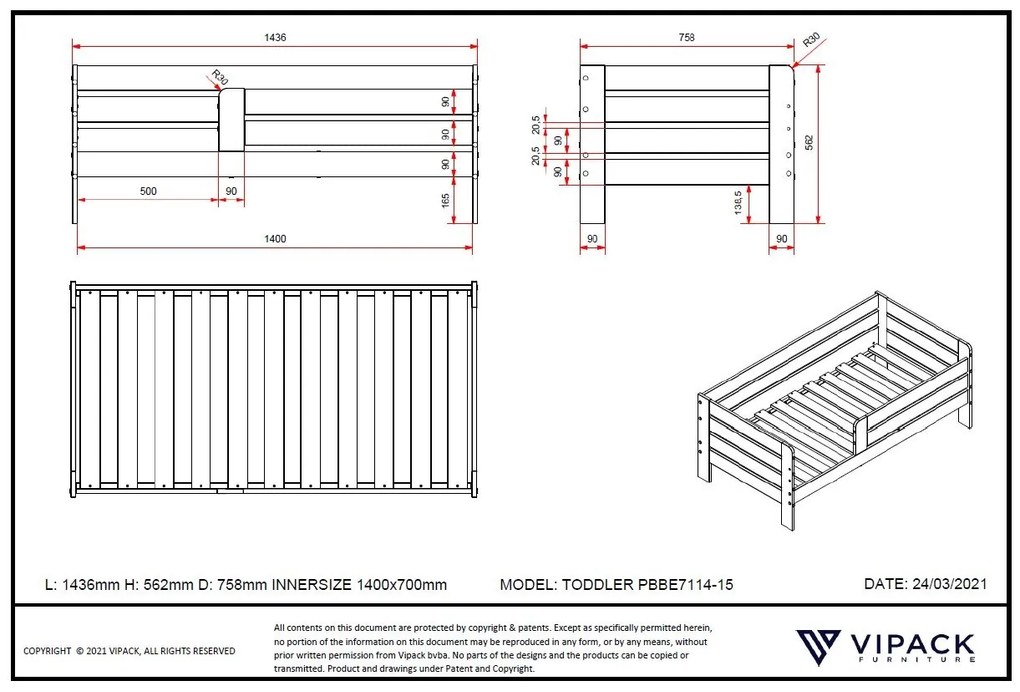 Pat Toddler alb pentru copii mici, 70 x 140 cm, cu laturi înalte pentru siguranță – Vipack