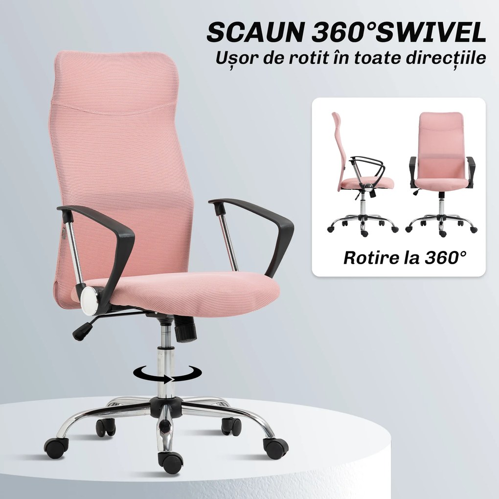HOMCOM Scaun Ergonomic de Birou cu Înălțime Reglabilă și Spătar din Plasă, Roz | Aosom Romania