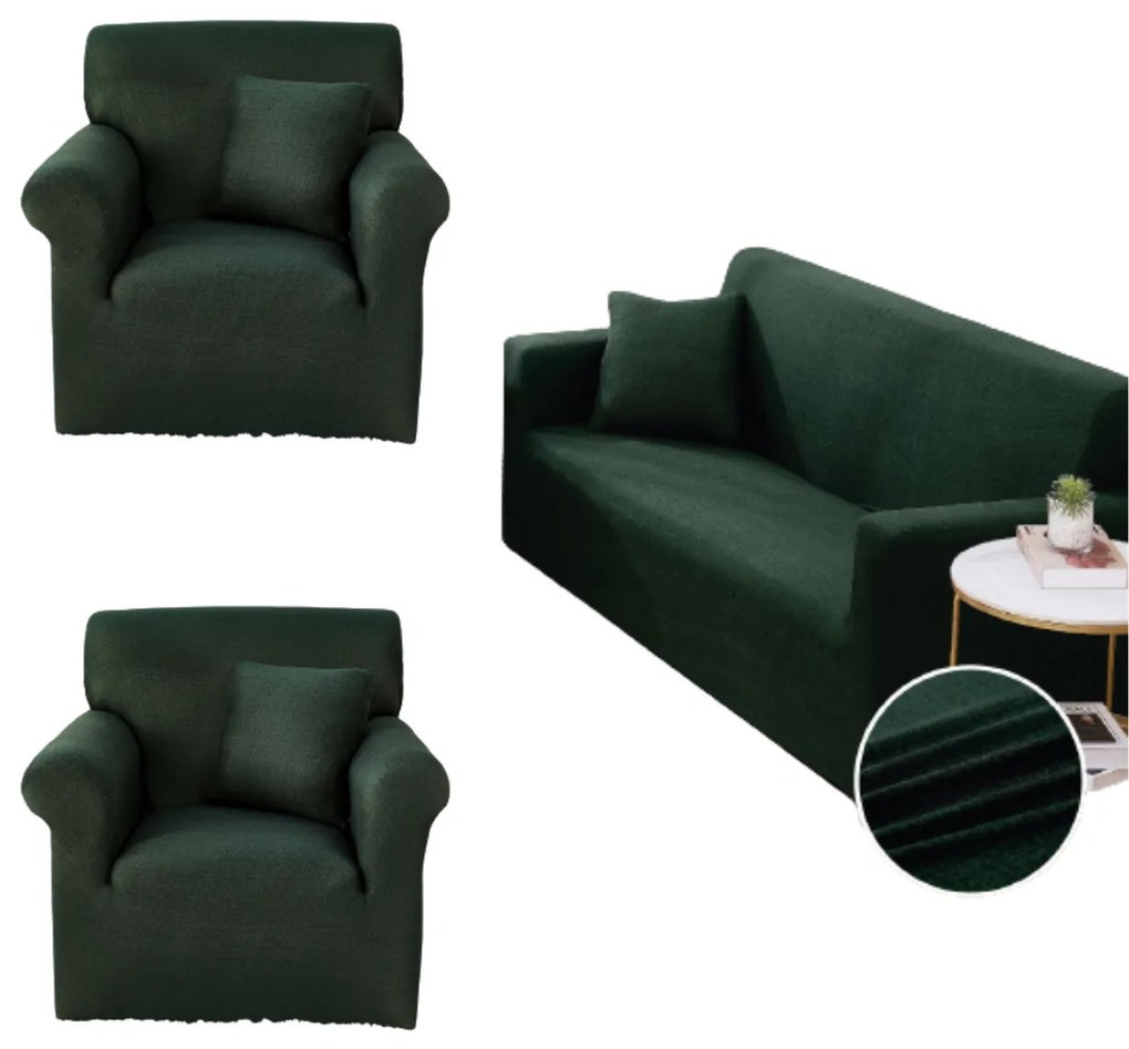 Set huse elastice, canapea 3 locuri + 2 fotolii, cu brate, Uni, verde inchis, SHEJ-41