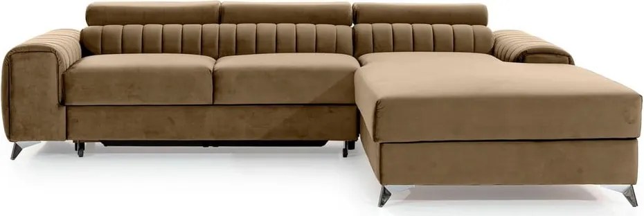 Colțar maro deschis extensibil/cu spațiu de depozitare cu tapițerie din catifea (cu colț pe partea dreaptă/cu șezlong) Grayson – ELTAP