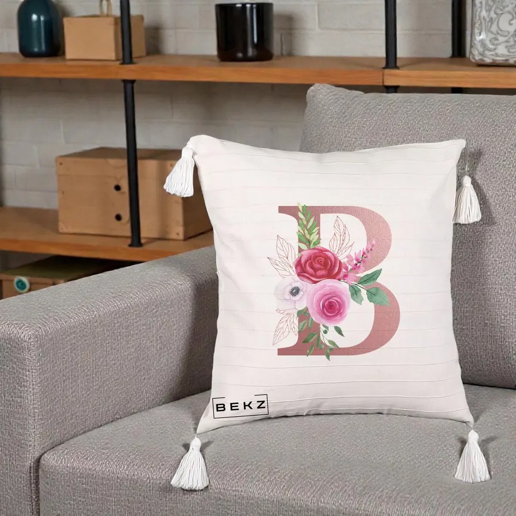 Cadou Personalizat - Perna Personalizata Monograma Rose Gold Litera B, 40x40 cm, Bej cu Franjuri, Husa Detasabila, Perna Inclusa, BEKZ®