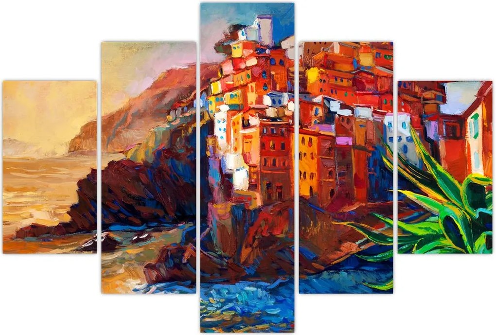 Tablou - Satul de coastă Cinque Terre, Riviera italiană, impresionismul modern (150x105 cm)