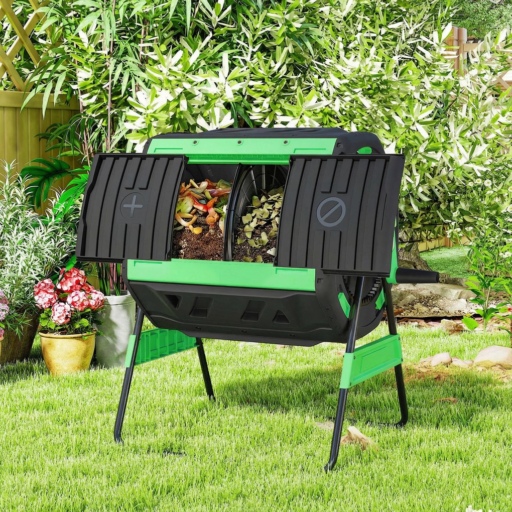 Compostor de Grădină Rotativ Outsunny 200L cu Cameră Dublă, Rotație 360°, Guri de Aerisire, Mănuși, din PP Fără BPA, pentru Compostare Deșeuri Organice din Bucătărie, Grădină și Curte | Aosom Romania