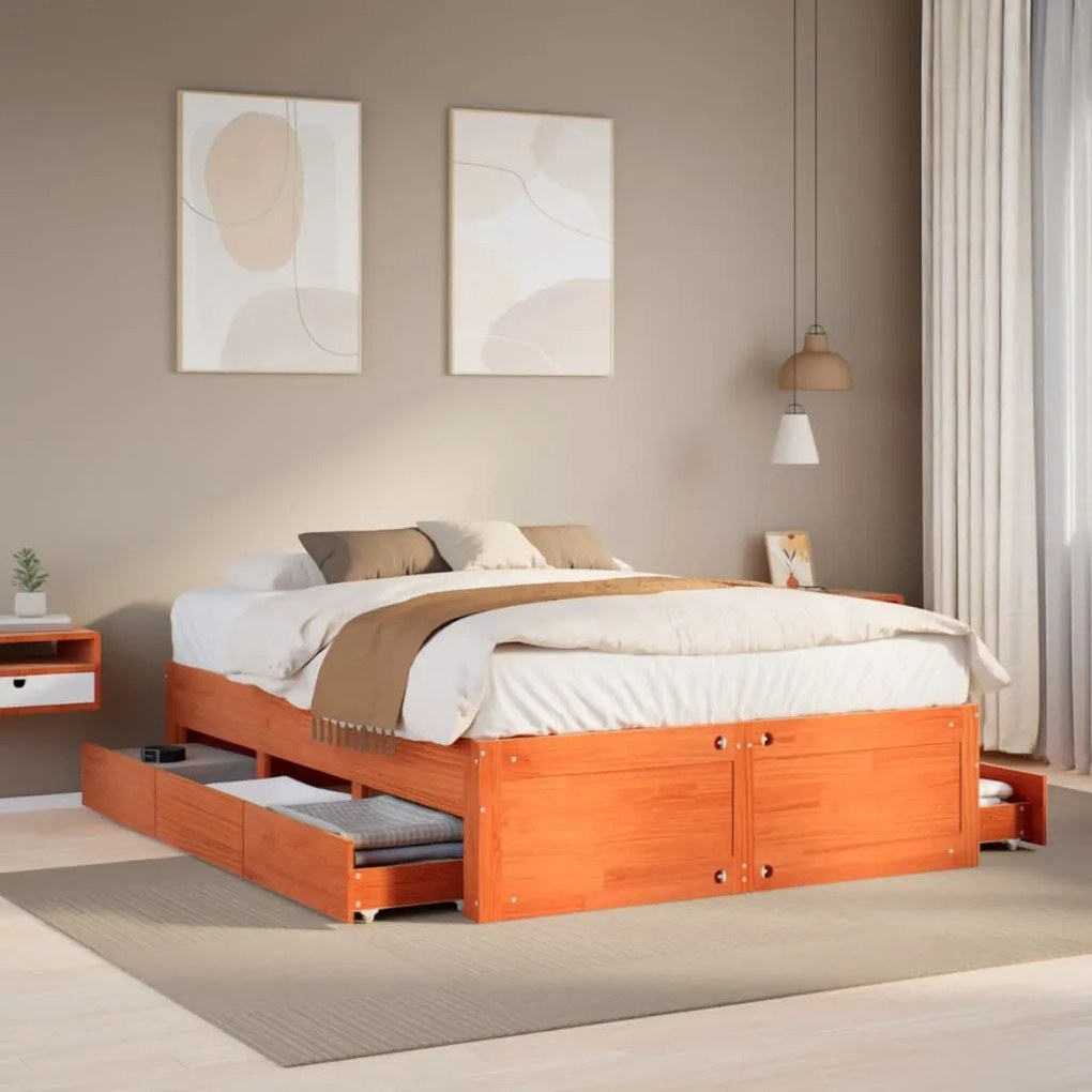 vidaXL Cadru pat fără saltea/cu sertare maro 140x190 cm lemn masiv pin