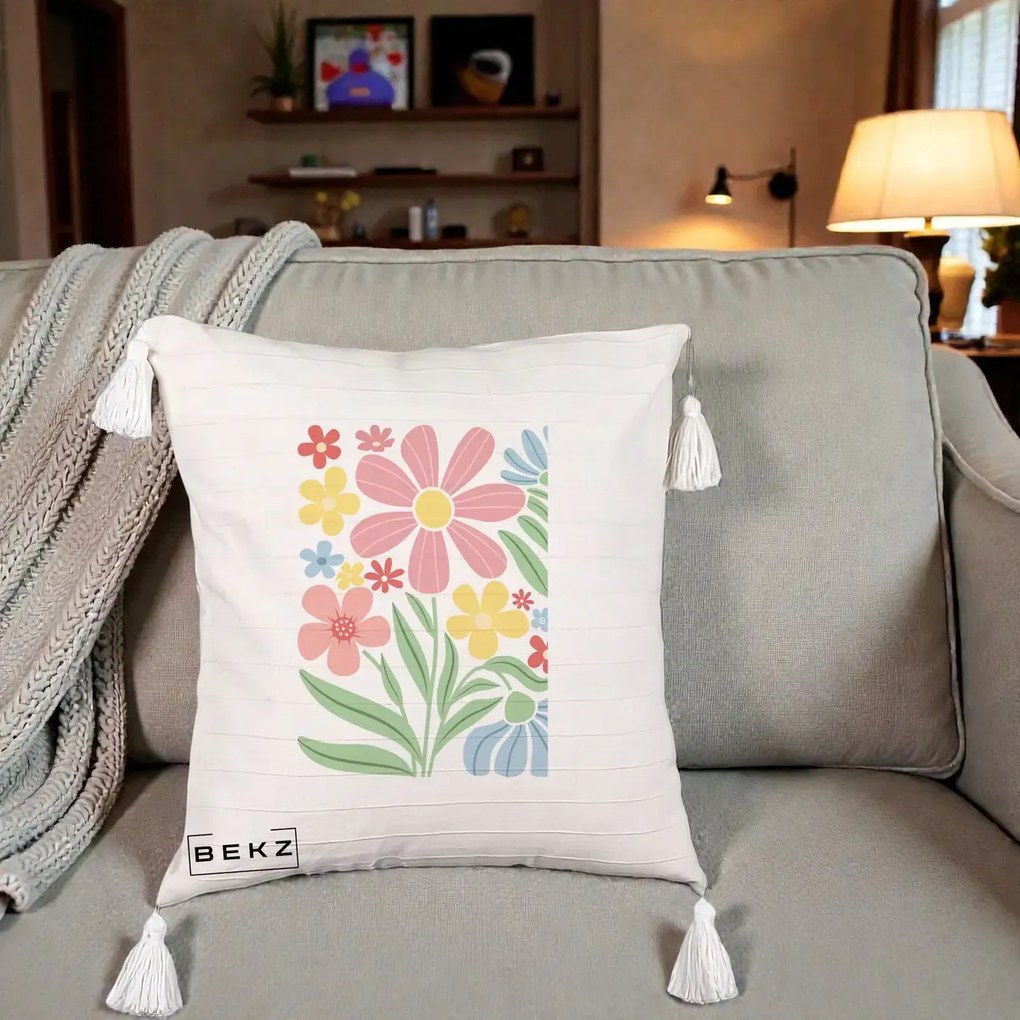 Perna Decorativa Flori Grafice Roz Pastel, 40x40 cm, Bej cu Franjuri, Husa Detasabila, Perna Inclusa, BEKZ®