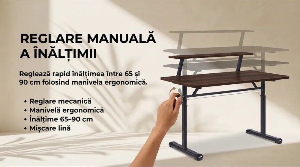 ERGOLEV WX-007 – Birou Reglabil Manual cu Înălțime Ajustabilă 65–90 cm, Blat Monobloc din PAL de Înaltă Densitate 15 mm, Cadru Metalic din Oțel, Raft Superior Integrat, 120x60 cm, Walnut