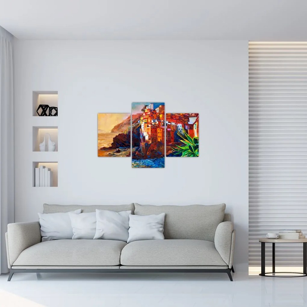 Tablou - Satul de coastă Cinque Terre, Riviera italiană, impresionismul modern (90x60 cm)