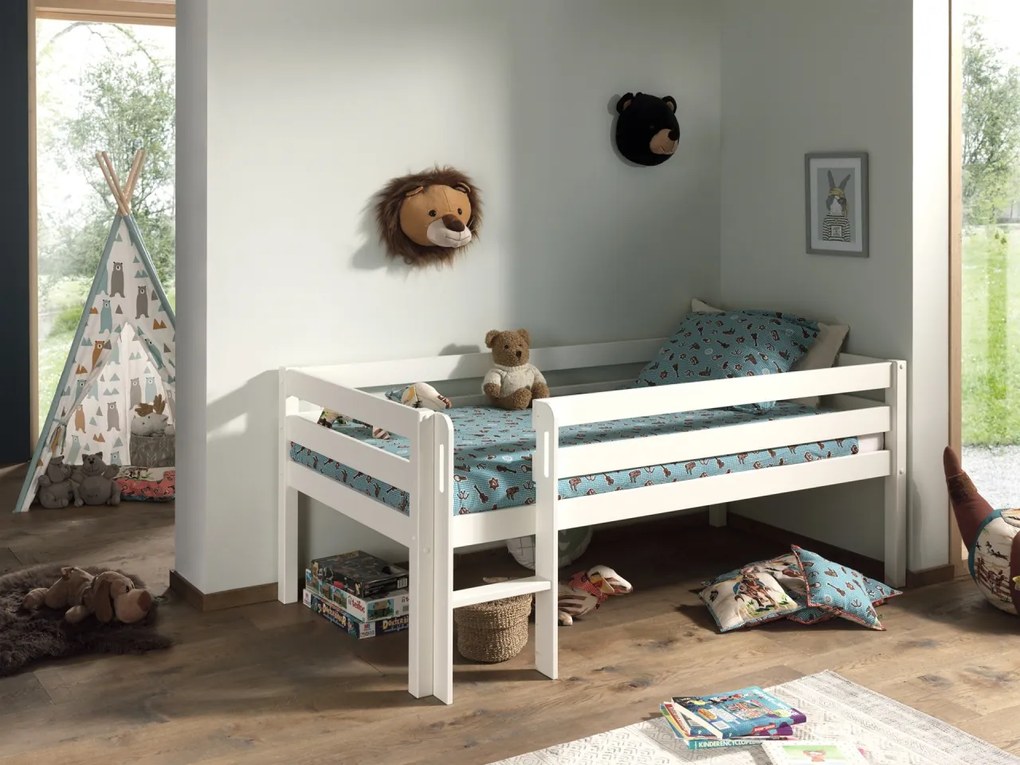 Pat Pino pentru copii cu scară, alb, 90x200 cm, înălțime 85 cm – Vipack