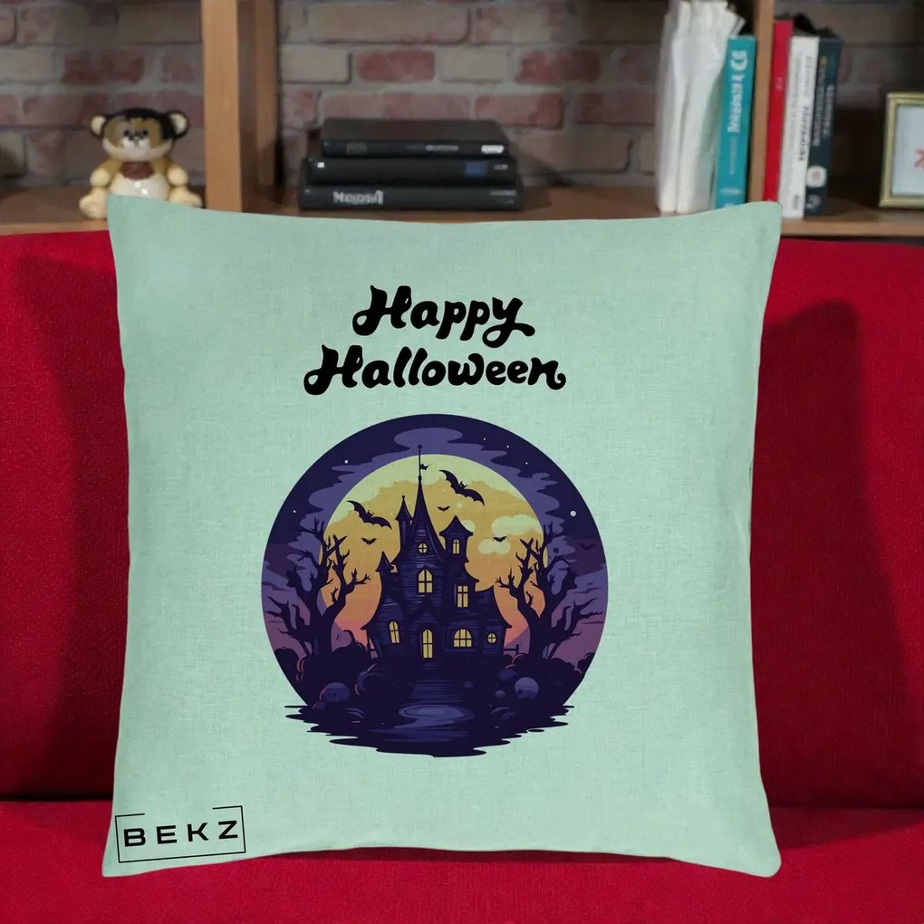 Perna Decorativa Happy Halloween Casa Bantuita Violet, 40x40 cm, Verde Menta, Husa Detasabila, Perna Inclusa, BEKZ®