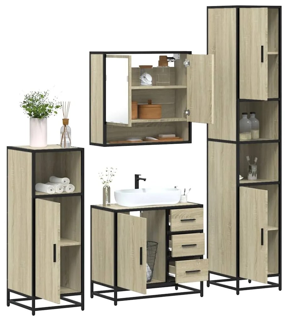vidaXL Set de mobilier de baie din 4 piese din lemn de stejar Sonoma