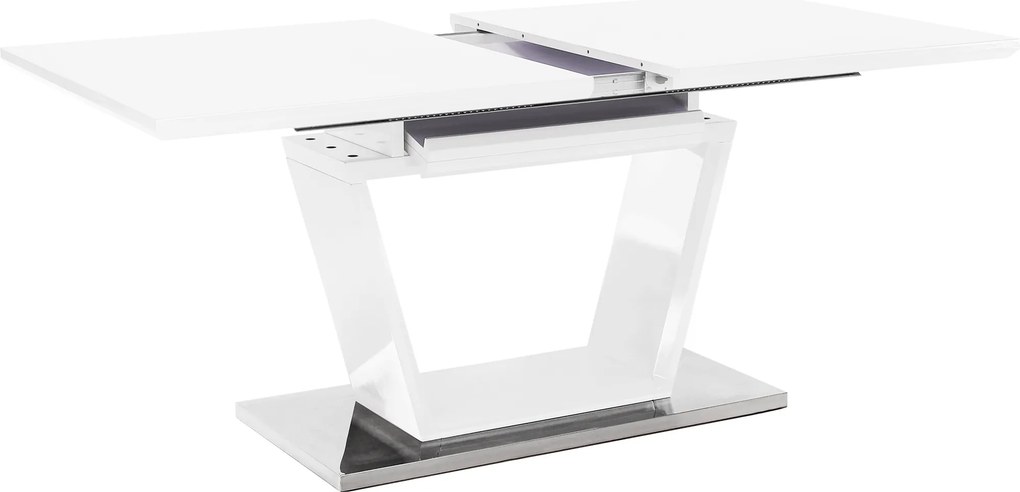 Masă dining, pliabilă, alb luciu extra ridicat / oţel, 160-220x90 cm, PERAK