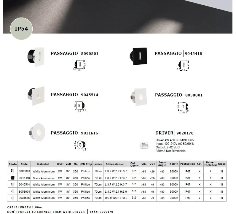 Spot LED incastrabil pentru scari IP67 PASSAGGIO alb