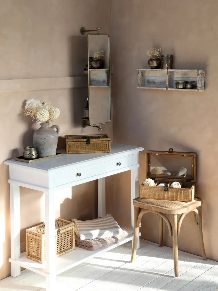 Taburet din lemn de cauciuc, rattan si rachita, cu aspect vintage , Old French