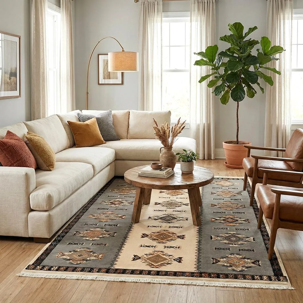 Covor camera antiderapant, 80x200 cm, gri-bej, Model Etnic