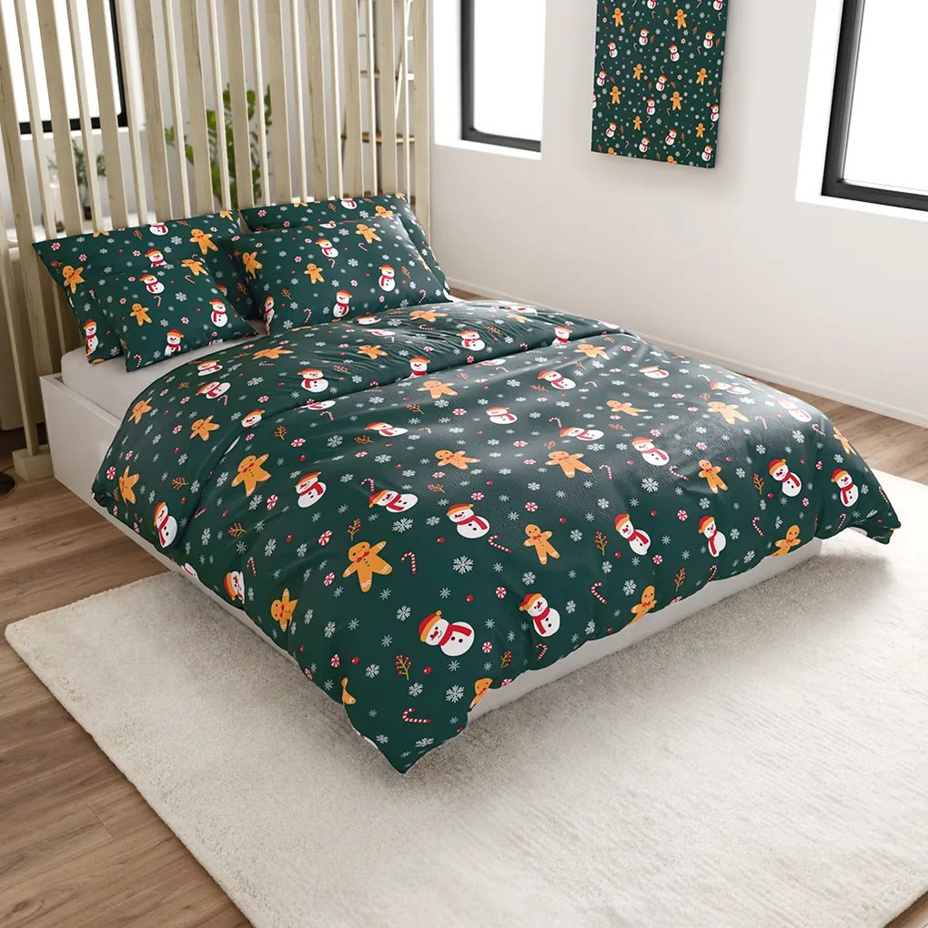 Set 2 buc lenjerie cocolino SNOWMAN AND GINGERBREAD verde + cearsaf Cocolino microplus cu elastic SOFT 180x200 cm alb, pat dublu