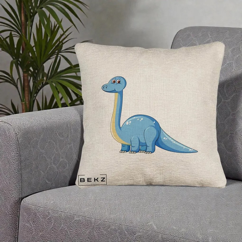 Perna Personalizata Brontosaur Albastru, 40x40 cm, Bej Canapea, Husa Detasabila, Perna Inclusa, BEKZ®