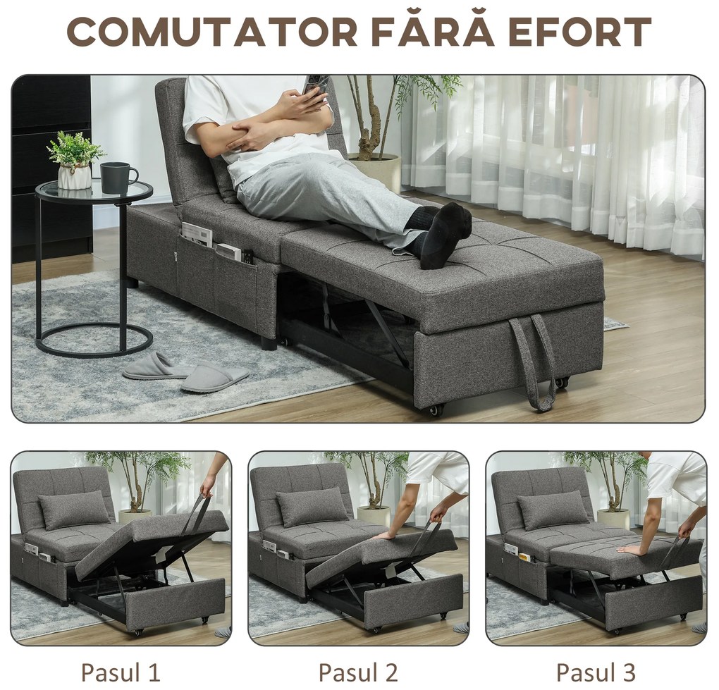 HOMCOM Fotoliu-Pat Individual 4 în 1 Convertibil în Șezlong și Taburet, 72x104x81 cm, Gri Închis | Aosom Romania