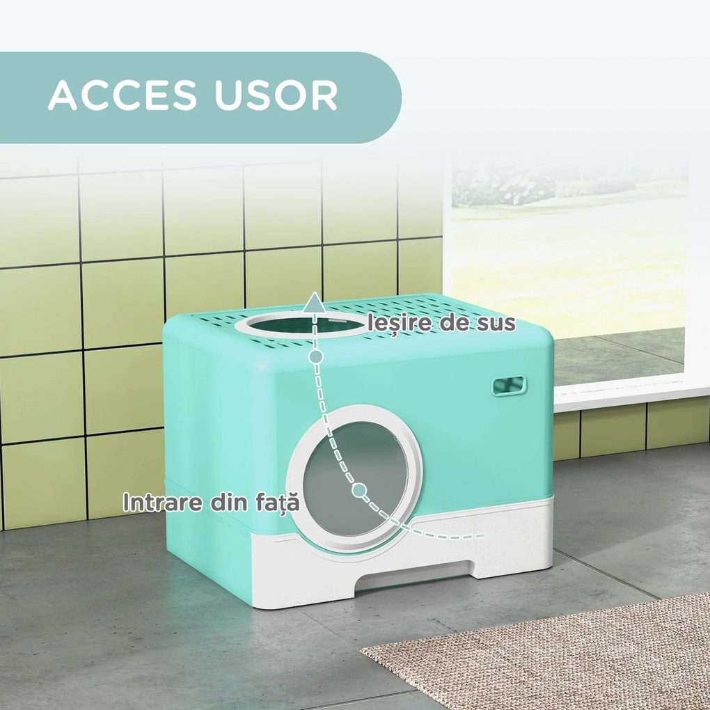 PawHut Litieră pentru Pisici cu Capac și Lopățică, Intrare Dublă și Tavă Detașabilă, 52x41x38.5 cm, Verde | Aosom Romania