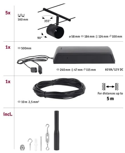Paulmann 94469 - Set 5xGU5,3/10W, sistem complet pe cablu CUP, 230V, negru