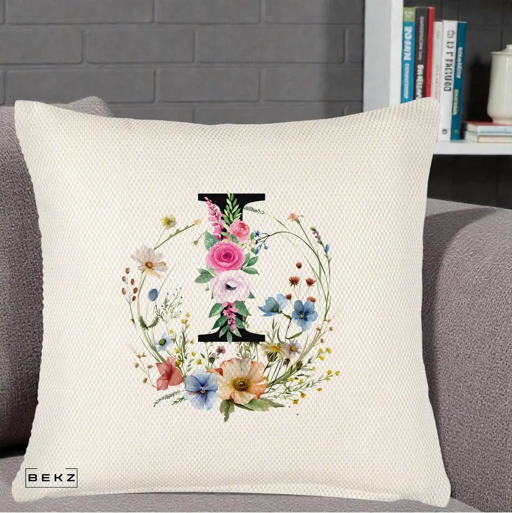 Cadou Personalizat - Perna Personalizata Monogram Litera I cu Flori Acuarela, 40x40 cm, Crem Reliefat, Husa Detasabila, Perna Inclusa, BEKZ®