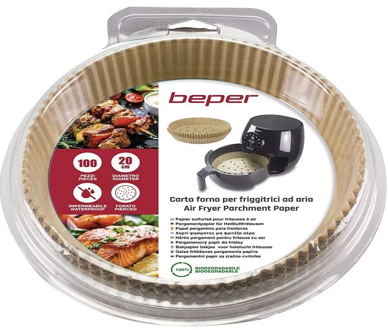 Set 100 forme din hartie Air Fryer Beper C103ACC001, Diametru 20 cm, Hartie de copt, Biodegradabile, Maro