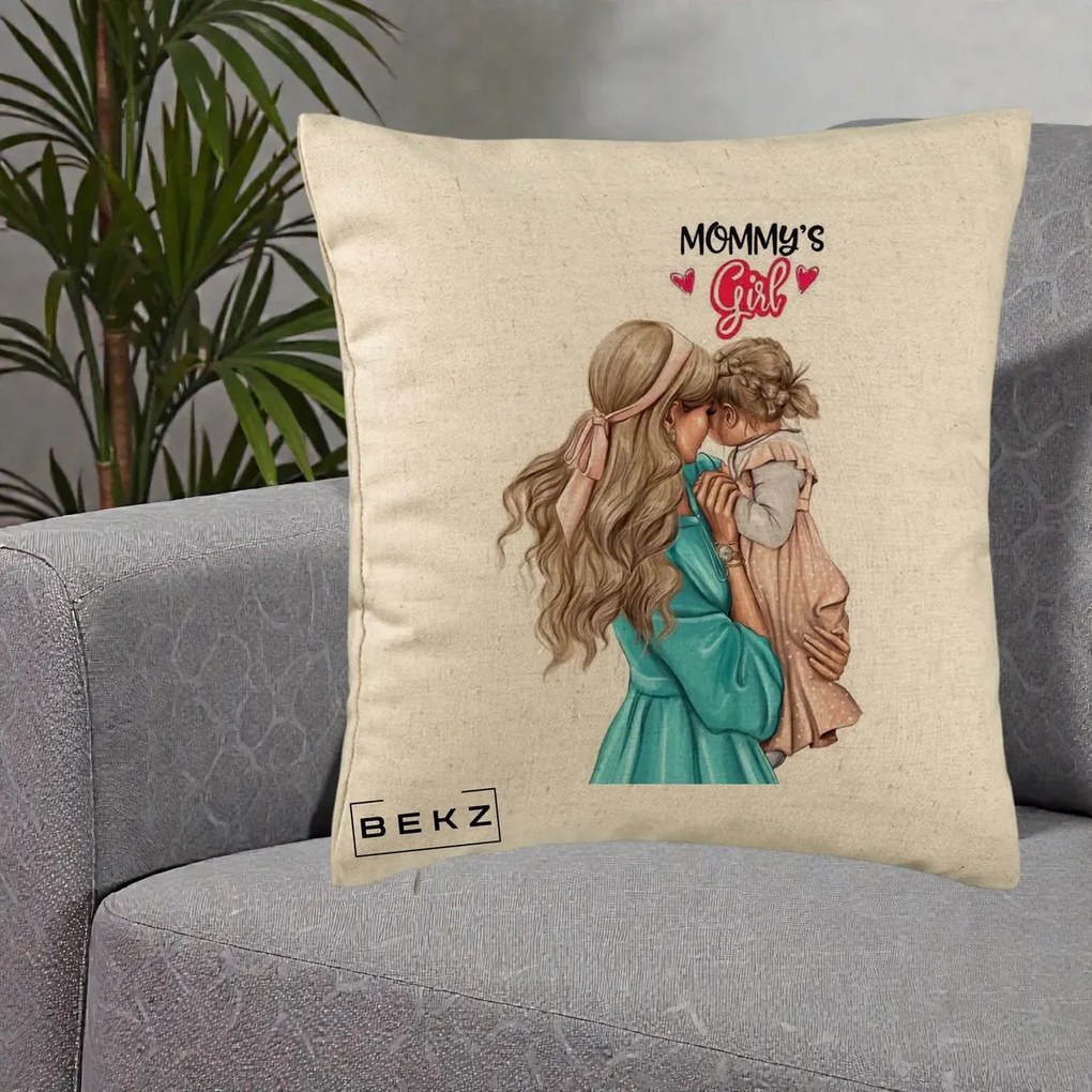 Cadou pentru Mama - Perna Personalizata Mommy's Girl Mama si Fetita, 40x40 cm, Bej, Husa Detasabila, Perna Inclusa, BEKZ®